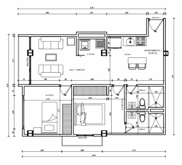 plano de apartamentos construccion inteligente Tipología 301
